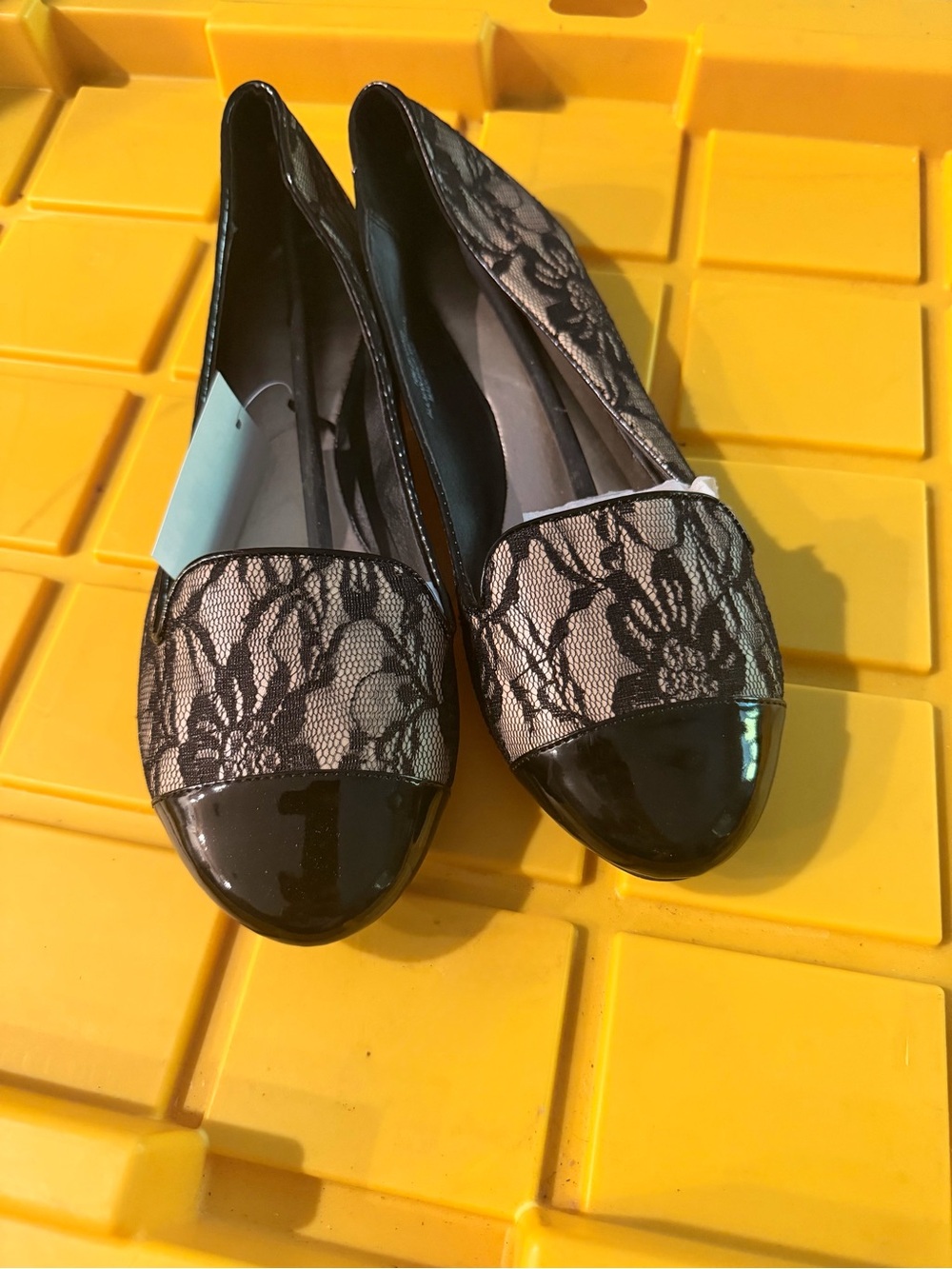 Cato Black Lace-Overlay Patent Toe Ballet Flats